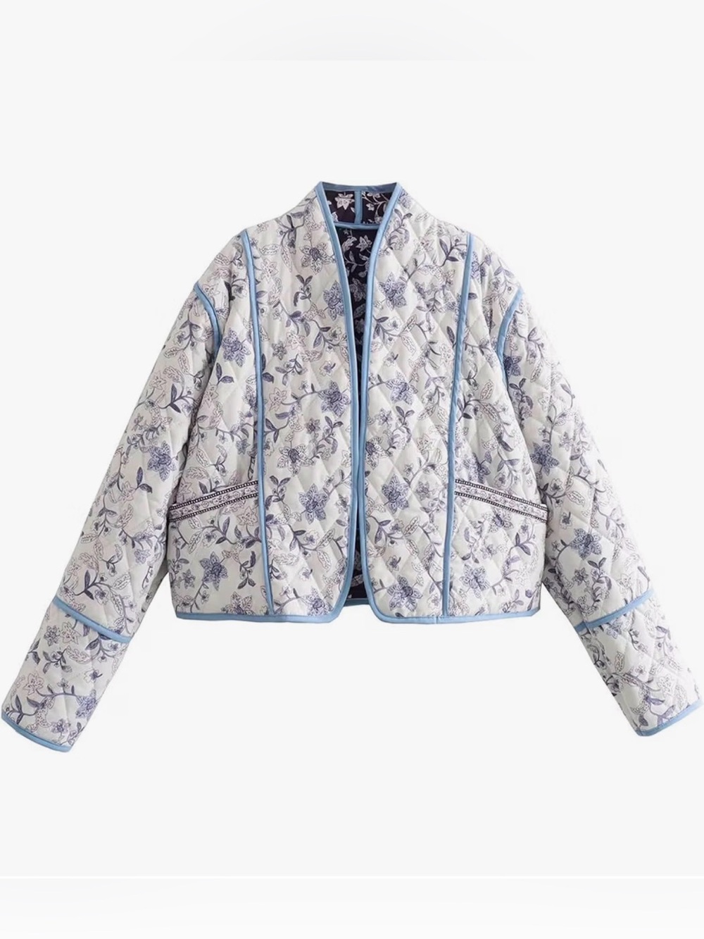 Light Blue Reversible Floral Quilted Jacket - Women's